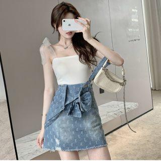 Mesh Strap Camisole Top / Distressed Denim Mini A-line Overall Dress