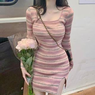 Long-sleeve Striped Knit Dress Pink - One Size