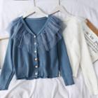 Mesh-trim V-neck Knit Top