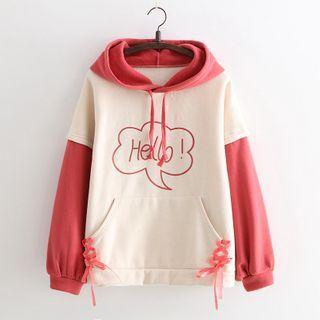 Color-block Lace-up Fleece-lined Hoodie