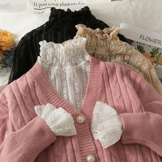 High-neck Ruffle-trim Sheer Lace Top