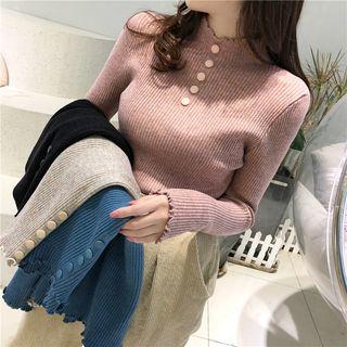Ruffle Trim Button Accent Long-sleeve Knit Top