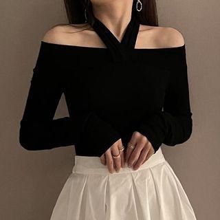 Long-sleeve Off-shoulder Cropped Plain Halter Top
