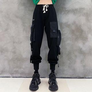 Elastic Waist Plain Cargo Sweat Pants