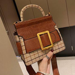 Croc Print Plaid Panel Crossbody Bag Brown - One Size