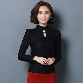 Keyhole Neck Fleece-lined Long-sleeve Top