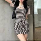 Set: Short-sleeve Crop Top + Spaghetti Strap Striped Drawstring Mini Dress