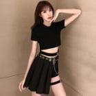 Short-sleeve Cropped T-shirt / Pleated A-line Skirt / Hot Pants / Faux Leather Belt