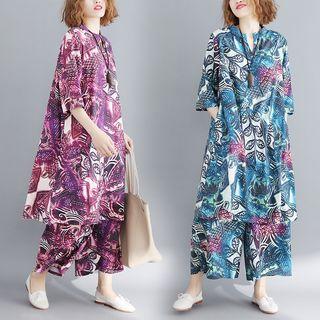 Set: Printed Elbow-sleeve Top + Wide Leg Pants