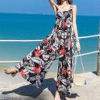 Sleeveless Leaf Print Wide Leg Jumpsuit Black - One Size