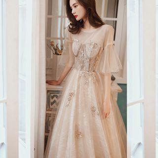 Flared-sleeve Sequined A-line Evening Gown