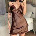 Spaghetti Strap V-neck Lace-trim Bow Accent Satin Mini Dress