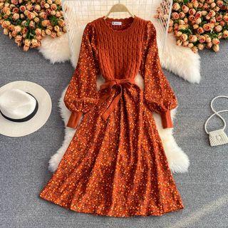 Knit Panel Floral Print Dress With Sash