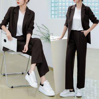 Set : Long-sleeve Plain Blazer + High-waist Straight Leg Plain Dress Pants