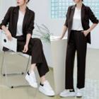 Set : Long-sleeve Plain Blazer + High-waist Straight Leg Plain Dress Pants