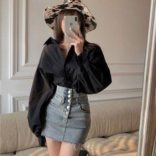 Plain Blouse / Denim Mini Pencil Skirt