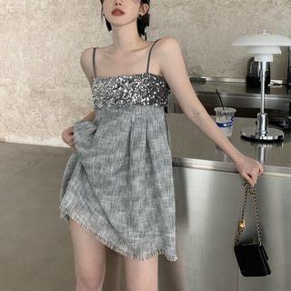 Spaghetti-strap Plaid Sequin Mini A-line Dress Gray - One Size