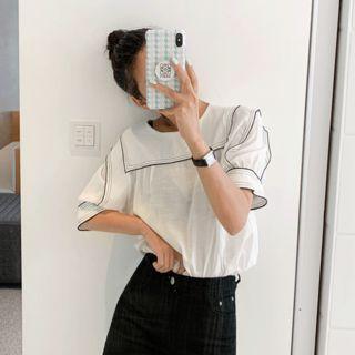 Sailor-collar Stitched Linen Blend Top