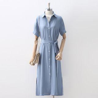 Plain Button Short-sleeve Tie-waist Midi A-line Dress