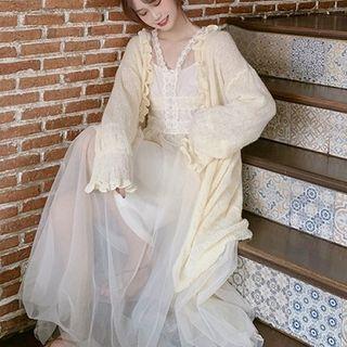 Mesh Long-sleeve Midi A-line Dress / Slipdress / Open Front Knit Jacket / Set