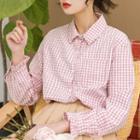 Long-sleeve Plaid Shirt Pink - One Size