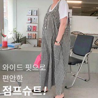 Linen Blend Gingham Wide-leg Overall Pants