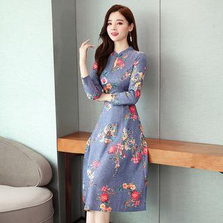 Long-sleeve Floral Print Keyhole A-line Dress