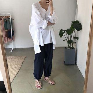 V-neck Long-sleeve Blouse / Harem Pants