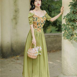Short-sleeve Cold-shoulder Flower Panel Midi A-line Dress