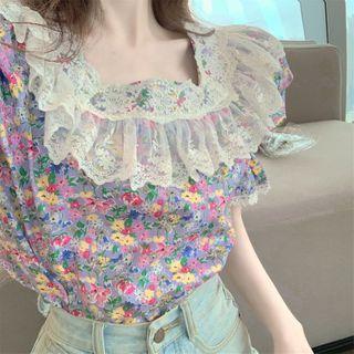 Short-sleeve Floral Print Lace Collar Blouse As Shown In Figure - One Size