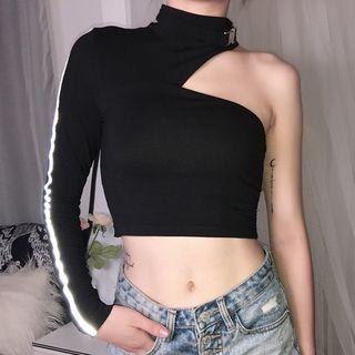 Long-sleeve Contrast Trim Asymmetric One Shoulder Cropped Top
