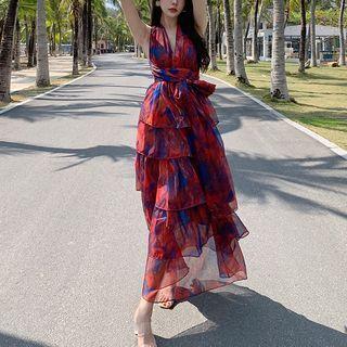 Sleeveless Printed Ruffle Maxi A-line Dress