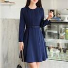 Round-neck Pleated-panel A-line Dress With Belt