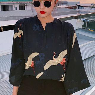 3/4-sleeve Crane Print Chiffon Shirt As Shown In Figure - One Size