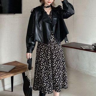 Faux Leather Jacket / Long-sleeve Floral Print Midi A-line Dress