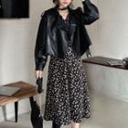 Faux Leather Jacket / Long-sleeve Floral Print Midi A-line Dress