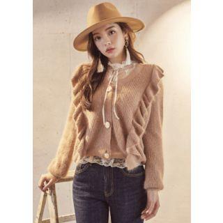 V-neck Buttoned Frilled Furry Cardigan