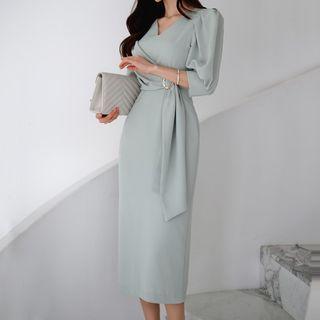 Puff-sleeve Tie-side Midi Bodycon Dress