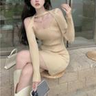 Long-sleeve Cutaway-shoulder Knit Sheath Dress