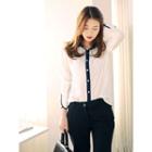 Faux-pearl Button Contrast-trim Shirt