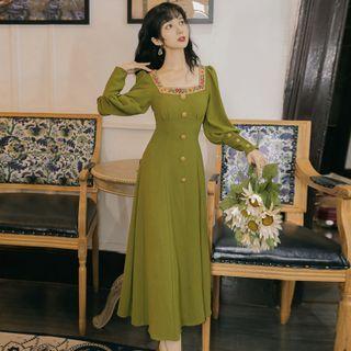 Puff-sleeve Square-neck Floral Embroidered Midi A-line Lace Dress