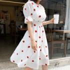 Smocked-waist Strawberry Print Dress White - One Size