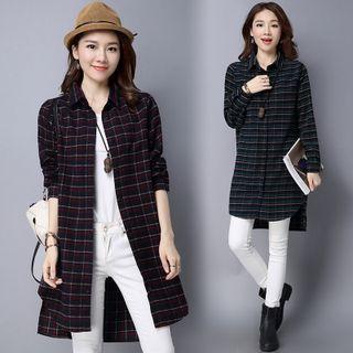 Plaid Button-up Long Shirt Red - One Size