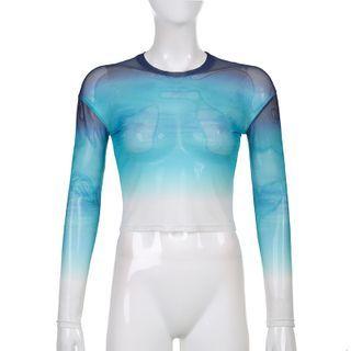 Long-sleeve Gradient Mesh Crop Top