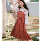 Buttoned A-line Pinafore Dress / 3/4-sleeve Ruffled Top / Set