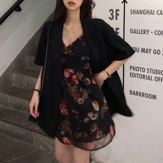 Short-sleeve Plain Blazer / Spaghetti Strap Print Dress