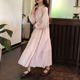 Long-sleeve A-line Midi Dress Almond - One Size
