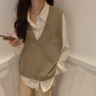 Plain Shirt / Pocket Detail Knit Vest / Cropped Harem Pants