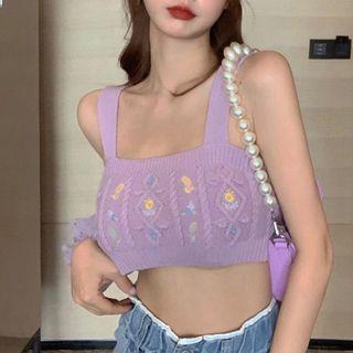 Spaghetti Strap Floral Knit Crop Top Purple - One Size