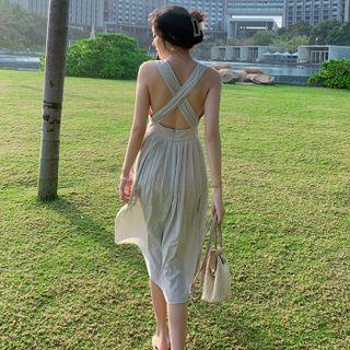 Sleeveless Cross-strap Back Midi A-line Dress